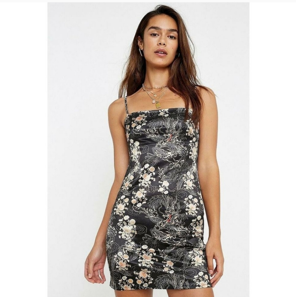 Urban Outfitters Black Square Neck Sateen Dragon Print Satin Mini Slip Dress XS